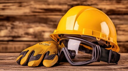 Yellow Hard Hat Safety Glasses and Work Gloves on Wooden Table