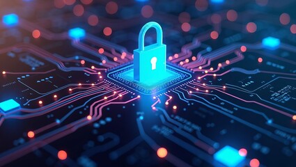 Digital padlock symbolizing cybersecurity and data protection on a glowing circuit board, representing secure technology and network safety