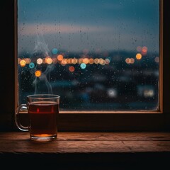 Rainy Night Cityscape View with Warm Tea Mug on Windowsill