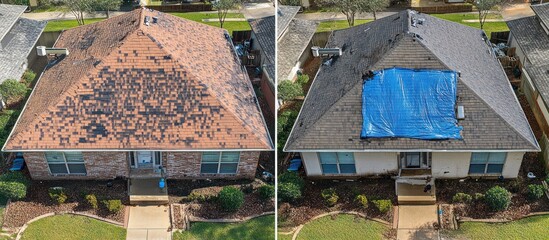 Residential roof repair, tarp cover, suburban home