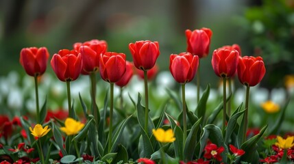 Fototapeta premium Vibrant red tulips blooming in a garden, amidst smaller yellow and red flowers, against a blurred green background