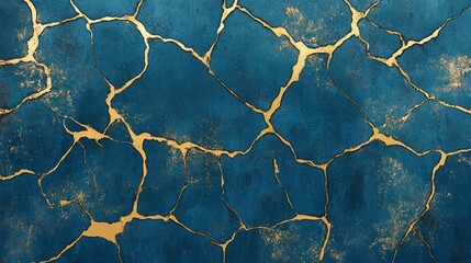 Abstract cracks, golden veins, dark blue background. Possible use  background design, texture, wallpaper