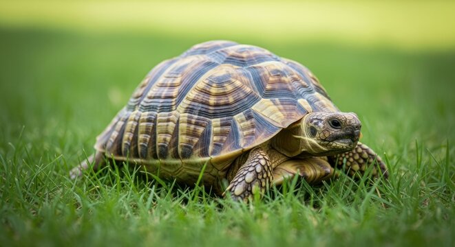 Close-up of turtle walking in green grass in a bright sunny day