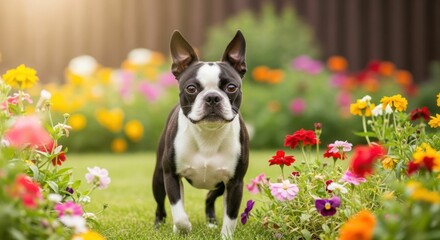 Dog stands among vibrant flowers in garden.  Nature, joy, pet