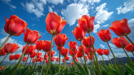 Fototapeta premium Many red tulips viewed from below reach for a partly cloudy blue sky