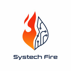 Modern Line Art Fire Flame Circuit Board Technology Logo Design