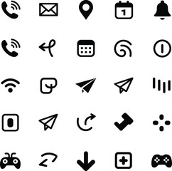 Comprehensive set of black universal UI icons for phone, mail, location, calendar, and more, ideal for apps, websites, and user interface design.