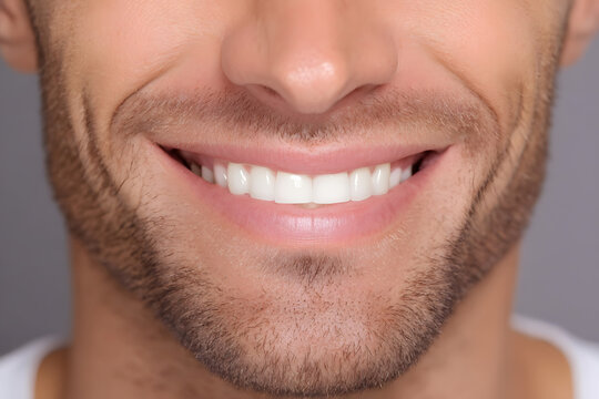 Toma en primer plano que muestra dientes y barba, con dientes alineados, arrugas nasolabiales visibles, barba presente, labios lisos, centrada en los dientes, estilo publicitario, con una sonrisa.
