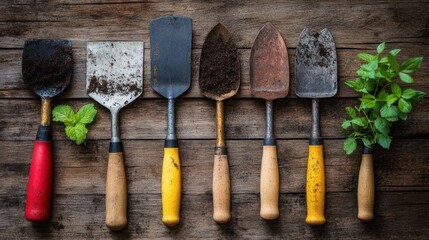 Gardening tools and plants on weathered wood