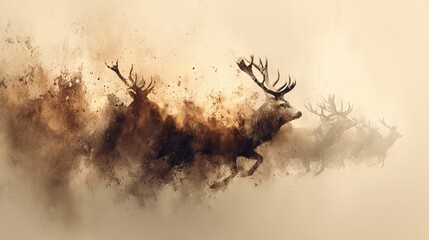 A herd of stags running through a cloud of dust, a cinematic and stylized composition
