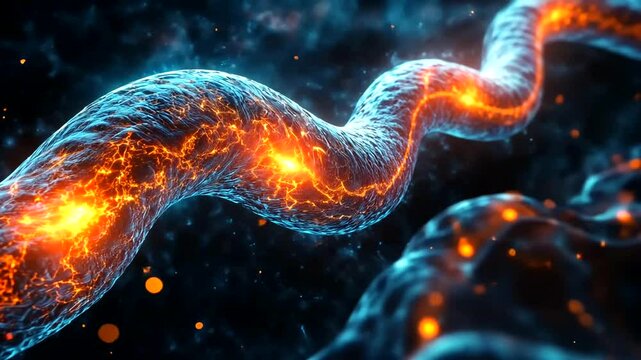 3D Rendering of a Microscopic Spirillum Bacterium Pathogen with Orange Glow and Blue Body