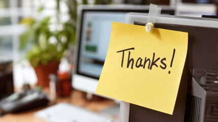 Yellow note saying Thanks! on a desk