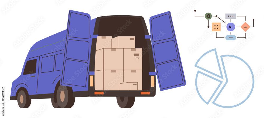 Poster delivery van filled with boxes, flow chart representing ai data process, and pie chart outline. idea