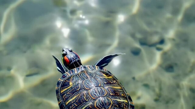Red eared slider turtle swimming in water