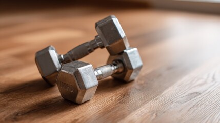 Two dumbbells on wooden floor