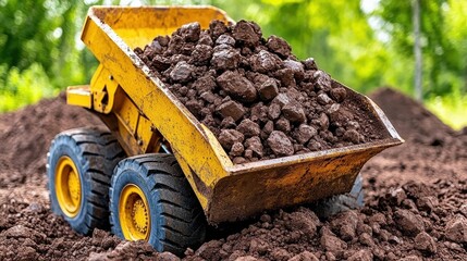 Yellow Toy Dump Truck Filled with Dark Brown Soil Outdoors