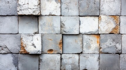 Damaged Concrete Block Wall; Background of Broken Tiles. Use Stock photo for architecture, construction, decay, or design