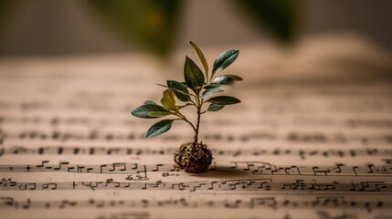 Tiny plant on old sheet music