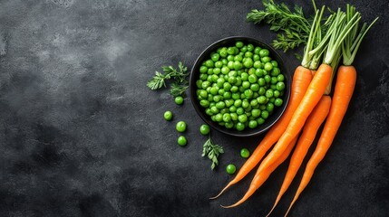 Fresh peas and carrots on dark surface.  Healthy food still life
