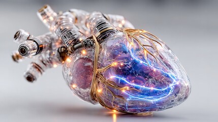 Futuristic holographic medical interface showing a glowing blue 3D cardiac anatomy visualization with fine circuitry detail on a pristine white background in a sci-fi hospital operating room.