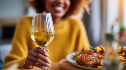 Woman enjoying wine and roasted chicken dinner