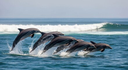 Fototapeta premium Dolphins jumping out of the water in ocean. Sea animals in nature.
