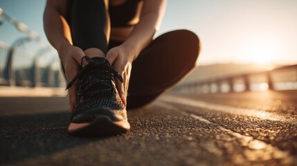 Woman tying running shoe