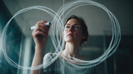 Woman sketching circles on glass