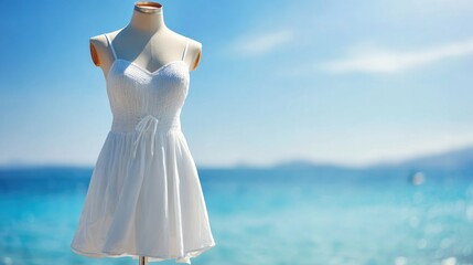 White dress on mannequin by the sea