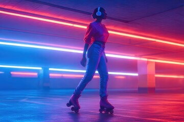 Woman Neonlit Parking Garage Roller