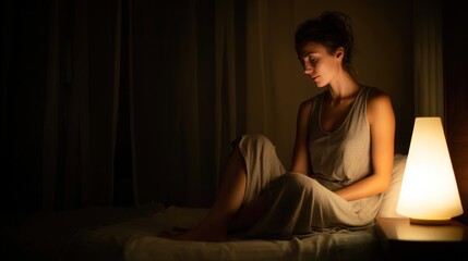 Woman seated in a dimly lit bedroom