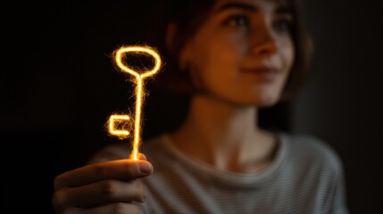 Woman holding glowing key