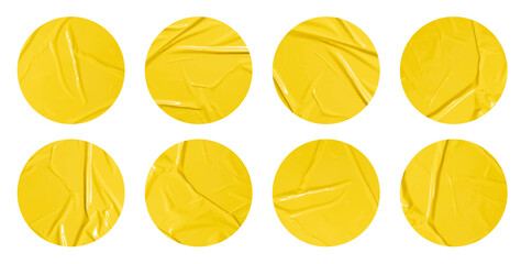 Set of vector yellow sticky note papers circle shapes and wrinkles,  Copy space stickers or patches for preview tags labels design