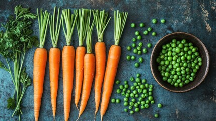 Fresh carrots and peas on a textured surface.  Healthy food