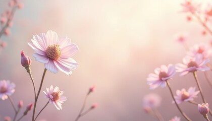 Obraz premium Delicate pink flowers in soft sunlight.