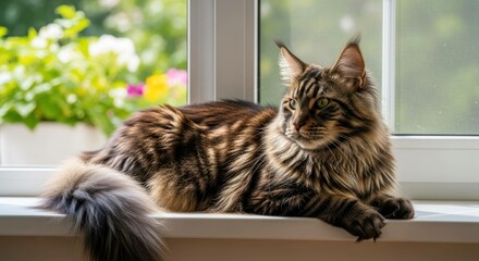 Fluffy cat lying in window with floral background in bright sunlight