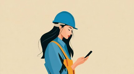 Female construction worker using smartphone in a stylized illustration - Powered by Adobe