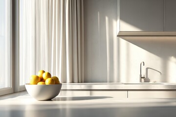 Modern minimalist kitchen interior with natural sunlight highlighting a bowl of fresh ripe lemons on a sleek white countertop, ideal for culinary themes and contemporary home design