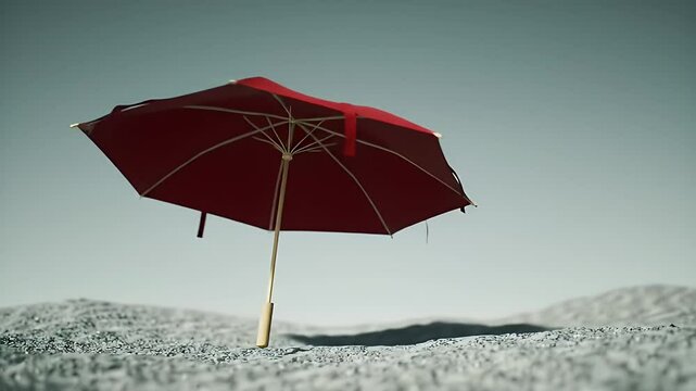 Red Umbrella on Sandy Coastline Against Bright Sky for Adobe Stock Photo
