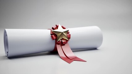 Rolled White Diploma with Red Ribbon and Gold Star Seal on a Plain Studio Background
