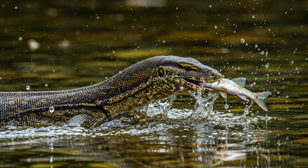 Fototapeta premium Macro Action Shot of Water Monitor Lizard Catching Fish in Shallow River