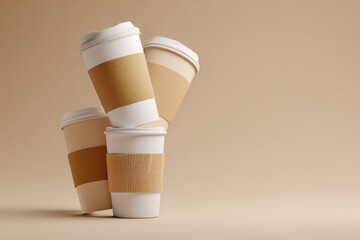 Stacked Coffee Cups on Beige Background