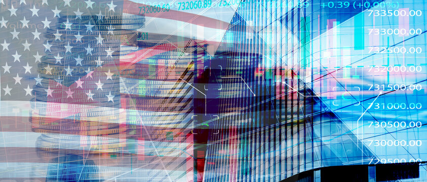 Conceptual image of stacked dollar coins with American flag and stock market data overlay representing United States economic growth, digital investment trends, and business market development.