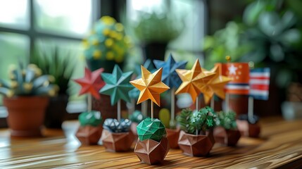Origami plants and star decorations on wooden surface with blurred greenery backdrop