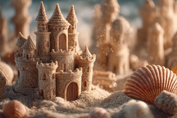 An intricately crafted sandcastle with multiple towers sits on sandy ground, surrounded by seashells and blurred sand sculptures in the background.