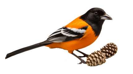A baltimore oriole perched near two pine cones against a transparent background in a studio shot