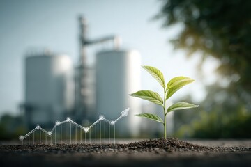 A young green plant grows beside a rising line graph made of soil and metal rods, symbolizing growth and progress with an industrial background.