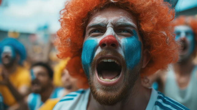 Man in clown wig with face paint cheering - Powered by Adobe