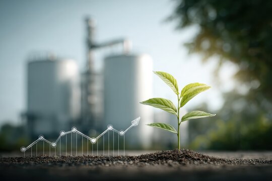 A young green plant grows beside a rising line graph made of soil and metal rods, symbolizing growth and progress with an industrial background.