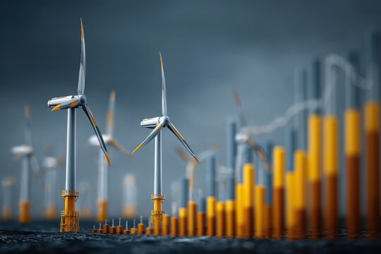 Offshore wind turbines generating renewable energy with a rising bar graph in the background symbolizing growth and progress in clean energy.
